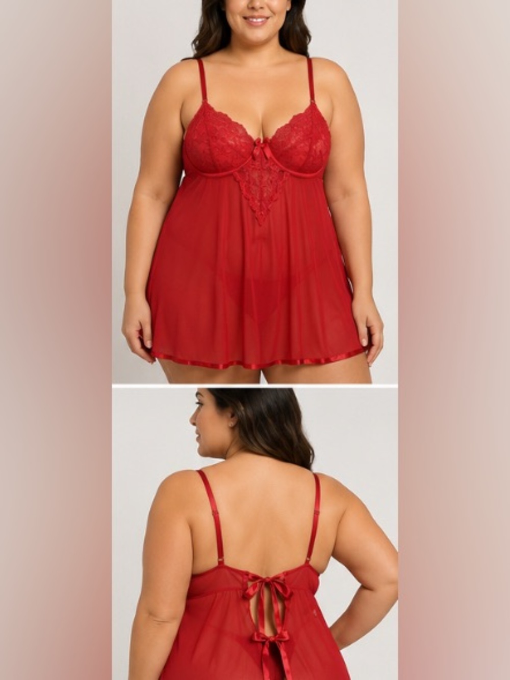 NWOT • 7 til Midnight • Plus Size • Red Lace • Babydoll • Chemise • 2 Pc